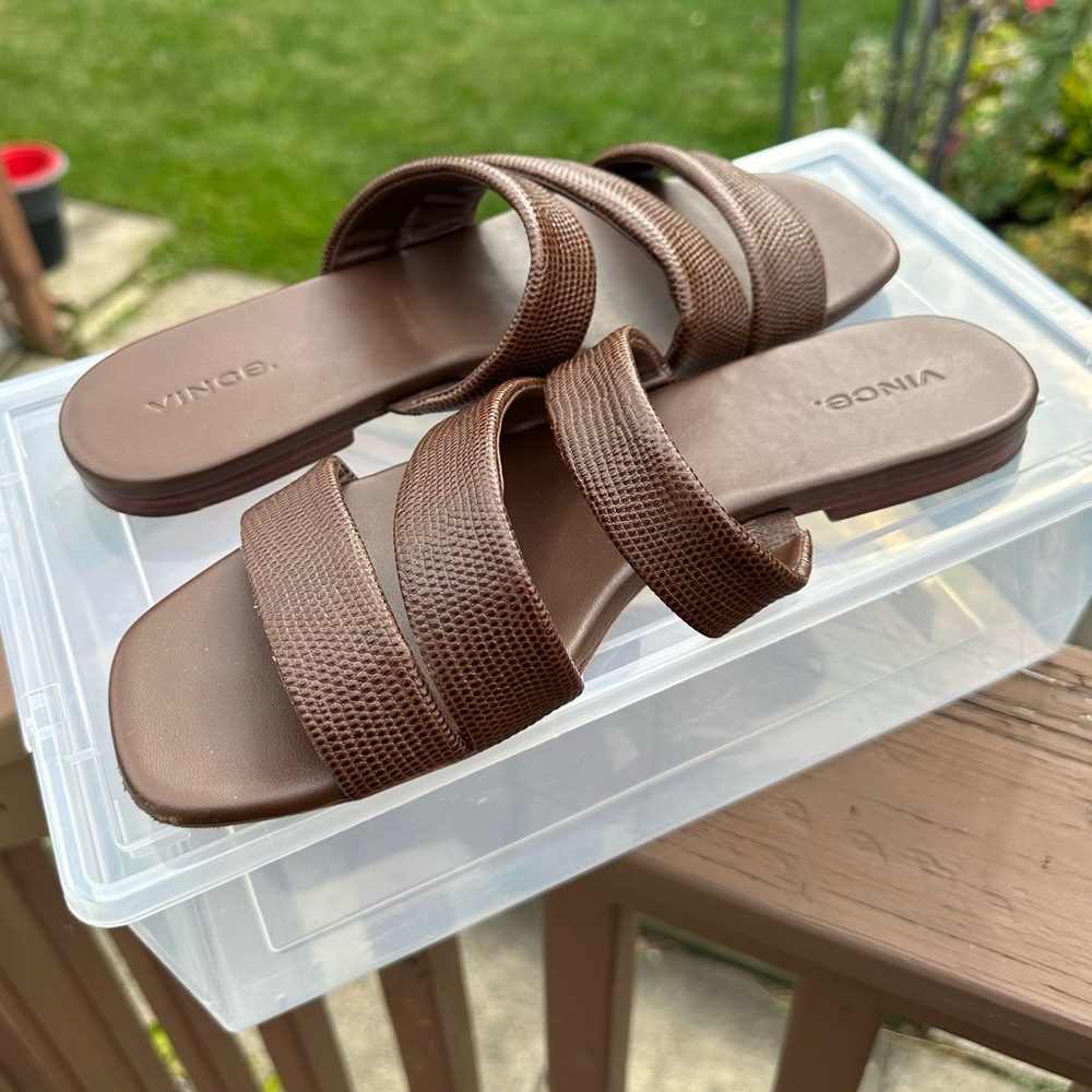 Vince Brown Triple-Strap Slide Sandals - Picture 1 of 13